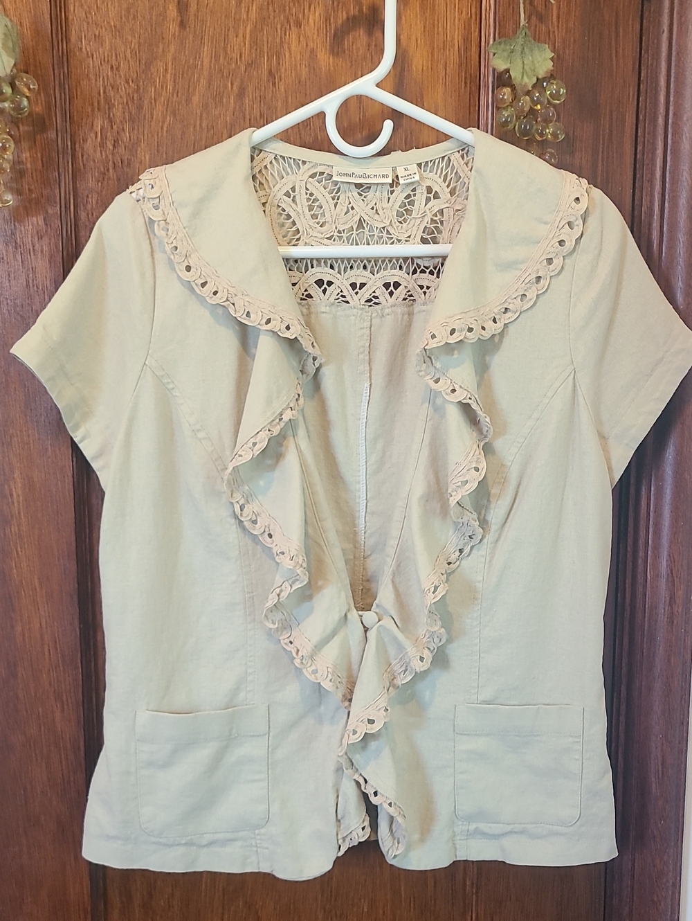 Vintage John Paul Richard Boho Ruffle Crochet Lace Back Jacket Size XL